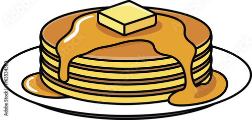Stack of delicious pancakes with melting butter and maple syrup on a white plate vector illustration icon.