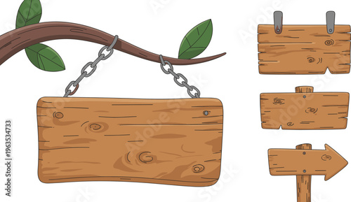 Wooden hanging signboard with branch and chain, rustic wood plank arrow signs set, cartoon style blank signage for UI game design