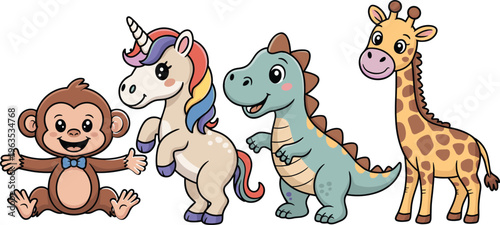 Cute cartoon animal character set including monkey unicorn dinosaur and giraffe vector illustrations for kids nursery and educational design.