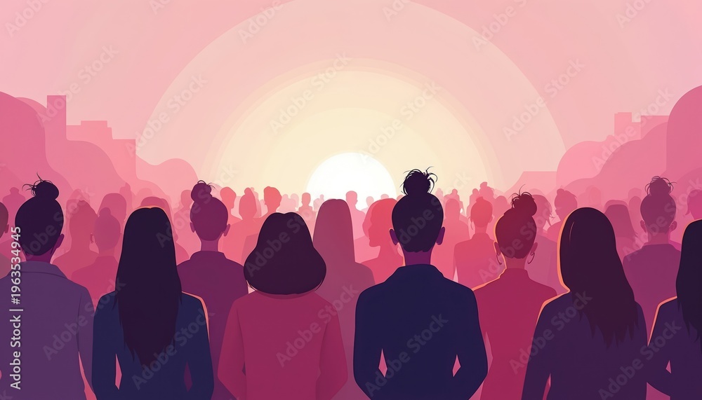 Fototapeta premium Group of women stand together looking towards bright sunrise or sunset over city skyline. Female power, sisterhood, unity, hope, future, strength, support, community.