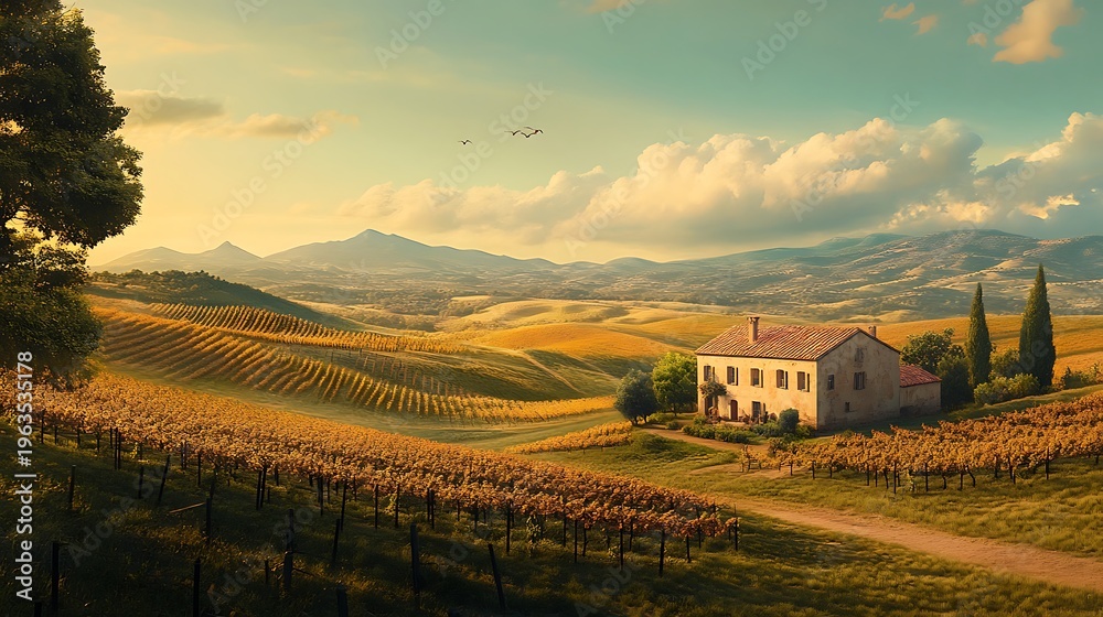 Obraz premium A serene vineyard landscape with a rustic house surrounded by rolling hills and rows of grapevines under a partly cloudy sky