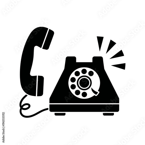 Vintage rotary phone with receiver off hook and sound waves ringing loudly