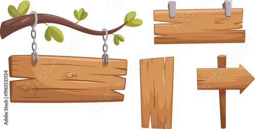 Wooden signboard set with hanging board, arrow direction sign and rustic planks, cartoon style wooden signs isolated for UI, game and design