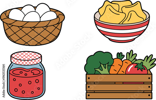 Food and grocery vector element set with eggs basket snacks bowl jam jar and fresh vegetable crate.Food and grocery vector element set with eggs basket snacks bowl jam jar and fresh vegetable crate.
