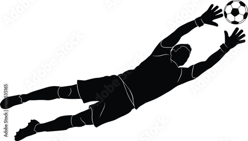 Soccer goalkeeper diving to save ball isolated on checkered background.
