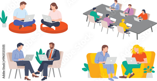 Business people working on laptops in office settings featuring coworking spaces meeting rooms and casual remote work environments vector.