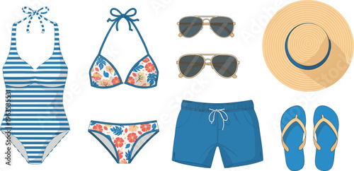 Summer swimwear and accessories for beach holiday, set on transparent background.