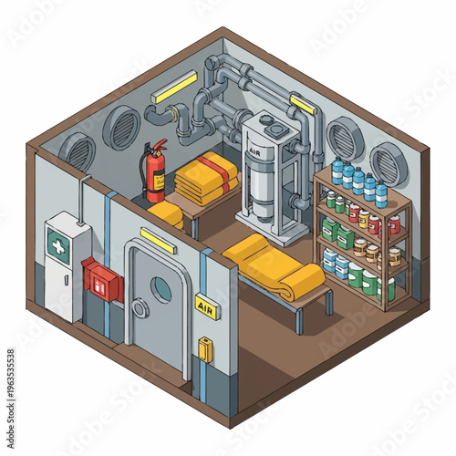 Isometric view of a survival bunker interior.