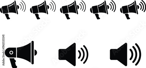 Megaphone and Speaker Icon Set with Sound Volume Symbols, Announcement Loudspeaker, Audio Signal, and Communication Silhouette Vector Collection