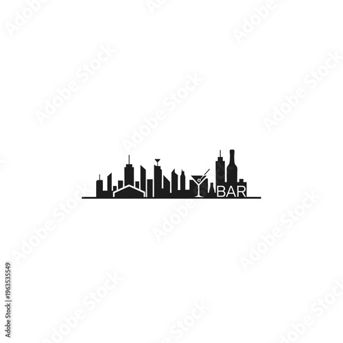 City skyline silhouette featuring buildings and a bar with drinks, representing urban nightlife and entertainment, isolated white background.