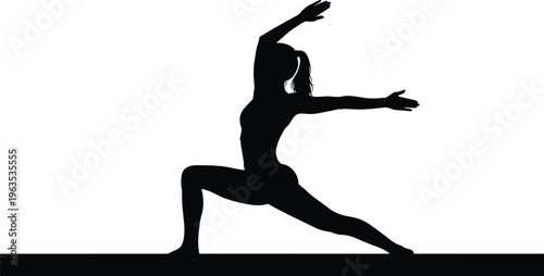 Silhouette of woman in yoga pose warrior on transparent background.