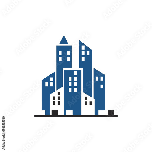 Cluster of modern city buildings in blue and white, representing urban architecture and real estate development, isolated white background.