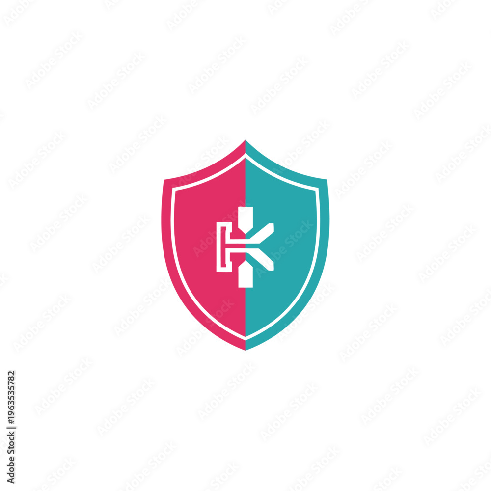 Obraz premium Pink and teal abstract 'K' letter shield logo design, symbolizing personalized protection on isolated white background.