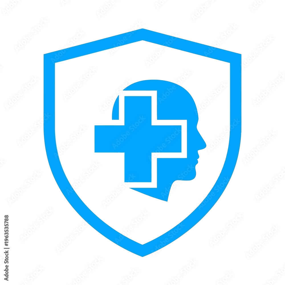 Fototapeta premium Blue medical shield logo with human head profile and healthcare cross, symbolizing mental health and protection on isolated white background.