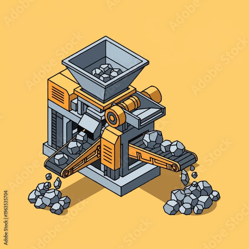 Isometric Industrial Machine Crushing Rocks on Conveyor Belts.