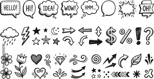 Hand Drawn Doodle Icon Set with Speech Bubbles, Arrows, Symbols, Stars, Decorative Elements, Comic Text, and Sketch Style Vector Collection