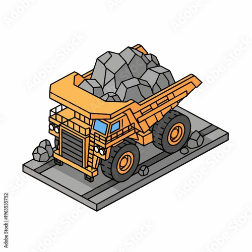 Isometric Mining Dump Truck Loaded with Rocks.