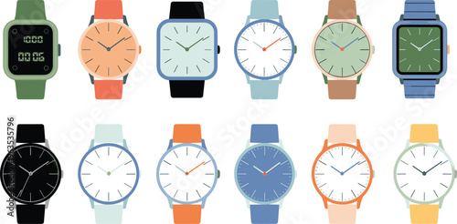 Wrist watch vector illustration set, modern analog and digital watches with different styles and colors, isolated timepiece collection for fashion, accessory and technology design