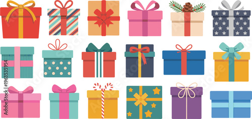 Large collection of colorful gift boxes with ribbons and bows vector illustration set for birthday christmas and holiday celebrations.
