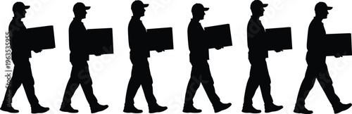 Silhouettes of delivery men walking with boxes in a row on a checkered background.
