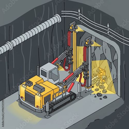 Heavy drilling machine excavating rock in underground tunnel construction.