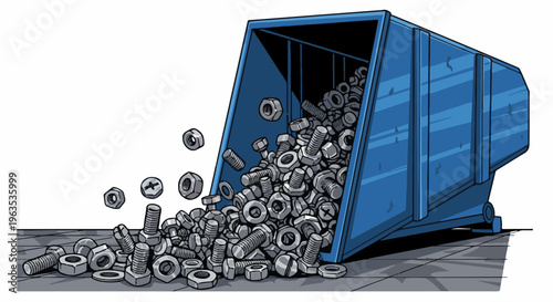 A blue bin overflows with bolts, nuts, and washers spilling onto a grey surface