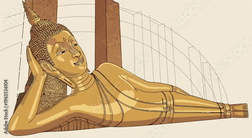 A golden reclining Buddha statue rests peacefully against weathered stone pillars