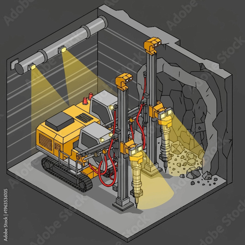Heavy Duty Mining Drill Rig Excavating Rock Face.