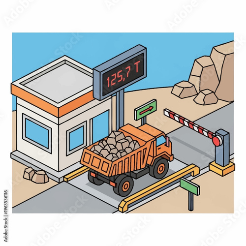Orange dump truck loaded with rocks on a scale.