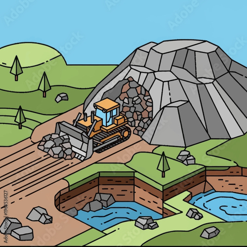 Bulldozer Excavating Rocks from Large Mountainous Pile.