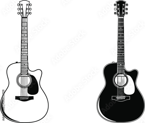 Black and white illustration of two acoustic guitars side by side