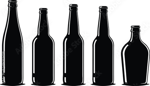 Black silhouettes of glass bottles for drinks or beverages.