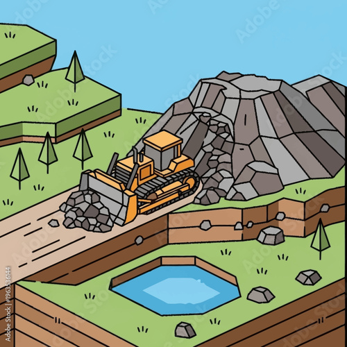 Yellow bulldozer clearing rocks from a mountain path.