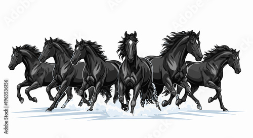 A group of black horses gallop through the snow, their manes flowing