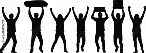 Silhouettes of people holding signs and cheering for protest or demonstration.
