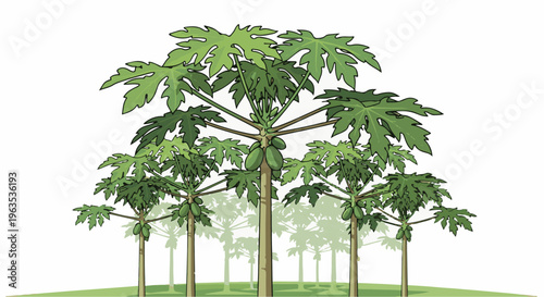 A grove of cartoon papaya trees with green leaves and fruit