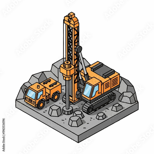Isometric Drilling Rig and Support Vehicle on Rocky Terrain.