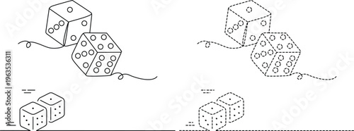 A black and white line drawing illustration of four pairs of gaming dice in different styles Vector