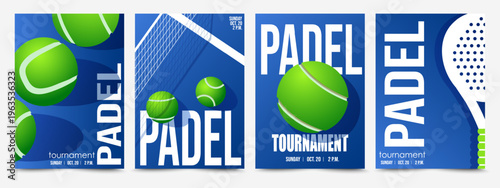 Set of padel posters. Sport background with racket, tennis balls and blue court for padel tennis. Tennis tournament invitation design template. Vector illustration collection isolated on background