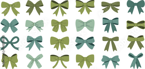 Large collection of decorative ribbon bows in various green and teal colors for gift wrapping and holiday celebration vector