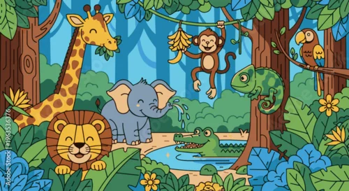 Obraz A whimsical jungle scene features a variety of cartoon animals amidst lush foliage