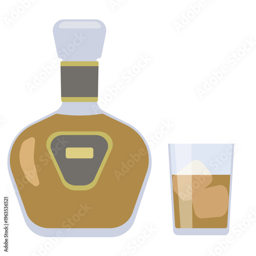 グラスに注がれたブランデーとボトルのイラスト