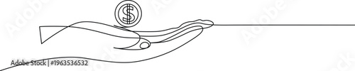 Continuous line drawing of a human hand holding a dollar coin representing finance and wealth. Vector
