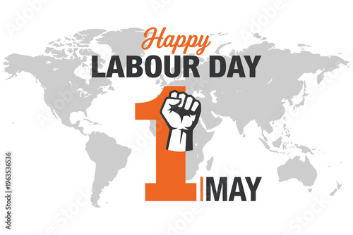 Happy labour day poster with world map and raised fist.