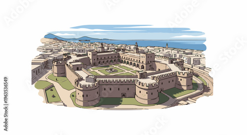 Aerial view of a fortified coastal city with a large castle by the sea