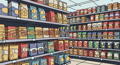 Aisles packed with colorful bags of snacks, from chips to pretzels