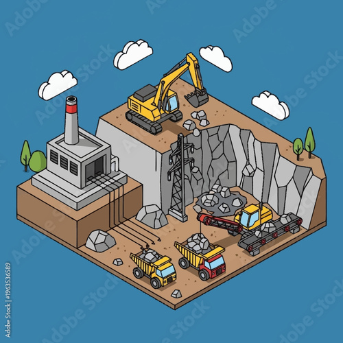 Industrial Mining Operation with Excavators and Trucks.