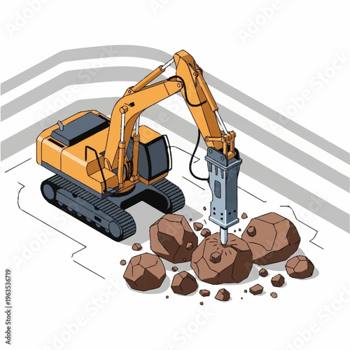 Heavy Duty Excavator with Hydraulic Hammer Breaking Rocks.