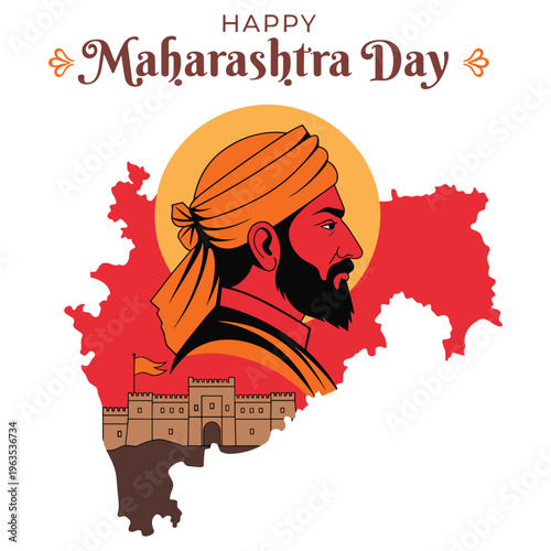 Happy maharashtra day greeting banner featuring profile of chhatrapati shivaji maharaj king.