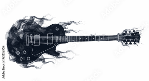 Guitar engulfed in dark, wispy smoke, black and white